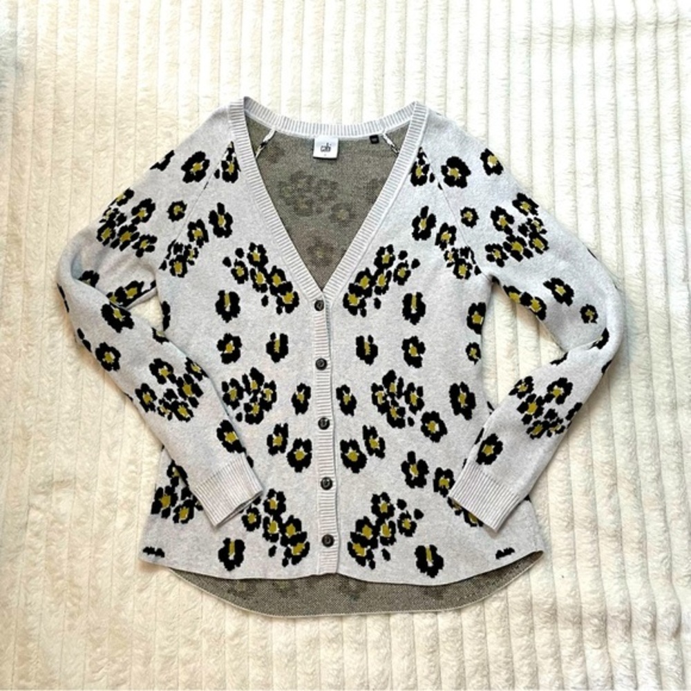 Cabi Leopard Print V-Neck Cardigan with Metal Buttons White Black Size Small